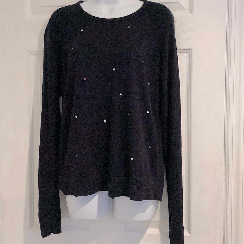 SUNDRY Oversized Navy Blue Hearts Coquette Girl Lightweight Sweatshirt size 0